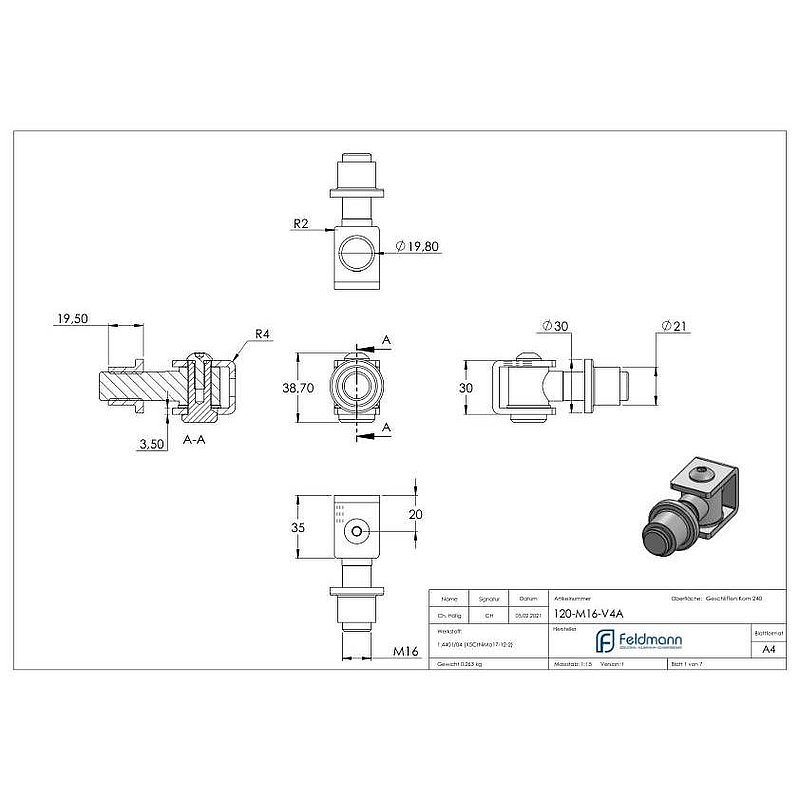 Door hinge with threaded sleeve M16, AISI316
