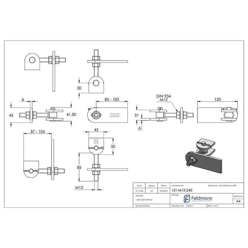 Gond 180° réglable, filetage M12, V2A