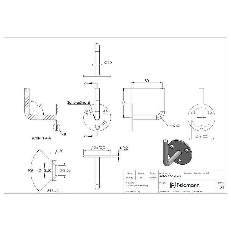 Handrail bracket for welding (round plate and bracket welded), AISI316