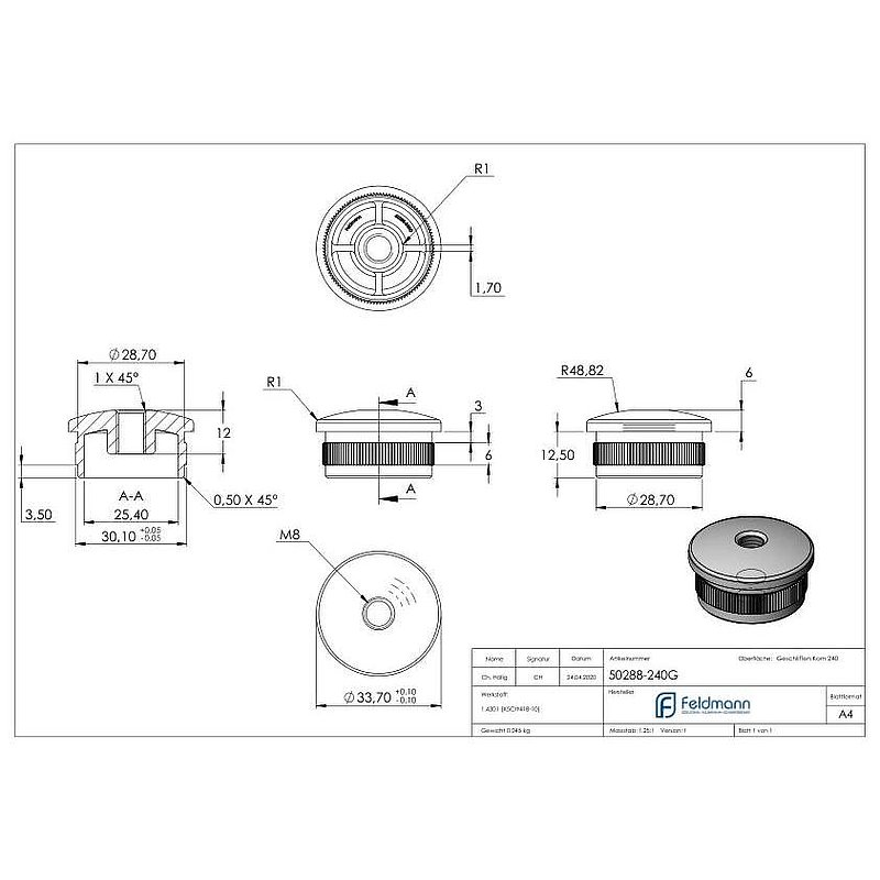 Tube end plug, for tube 33.7x2.0mm, AISI304