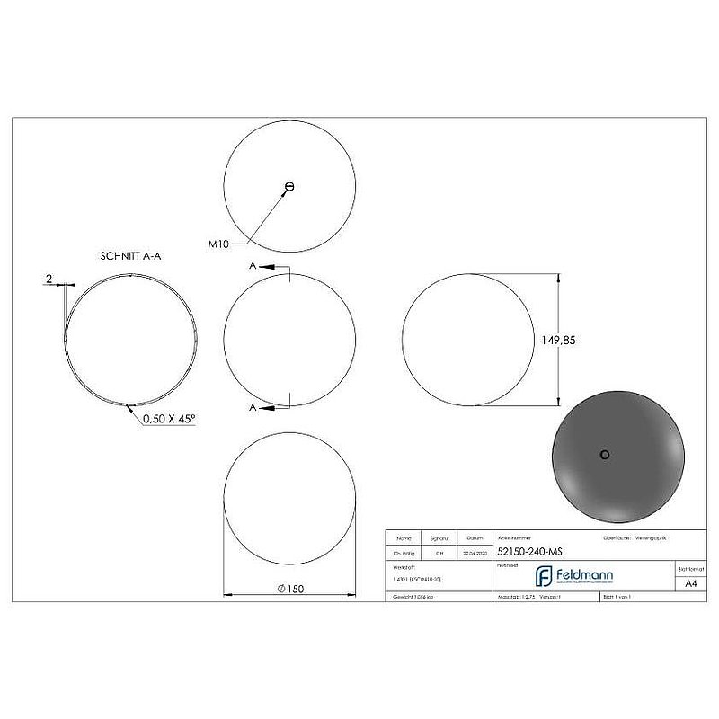 Messinghohlkugel Ø 150mm mit M10