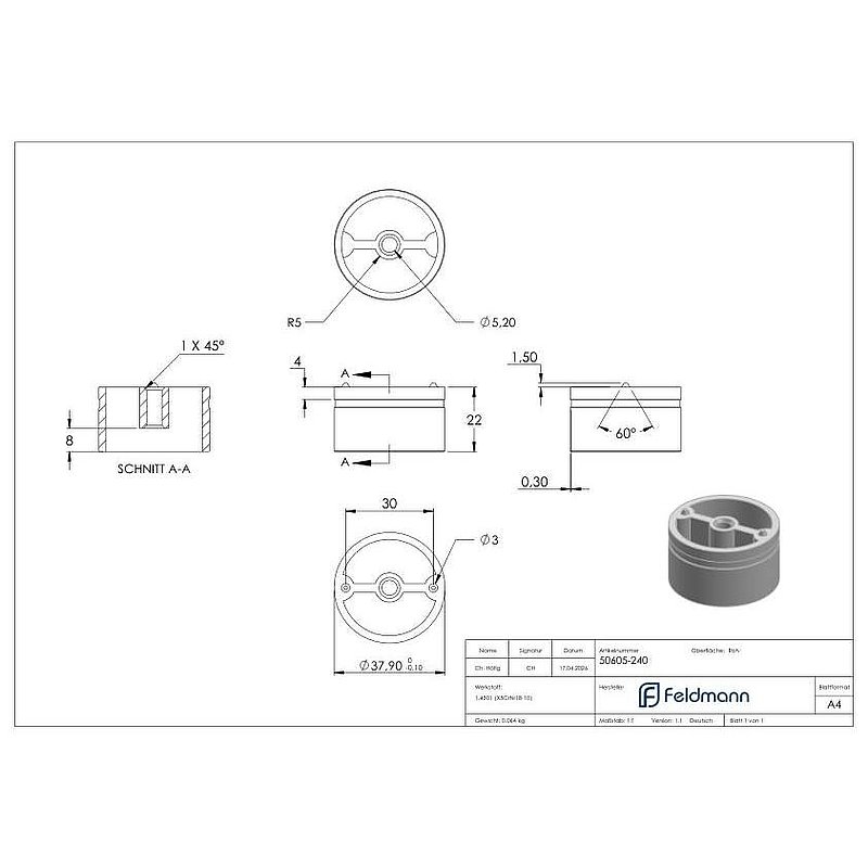 Adaptateur pour main courante en bois de Ø 42,4 mm, V2A