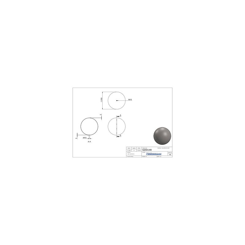 hollow ball Ø 250mm with M10 thread, AISI304