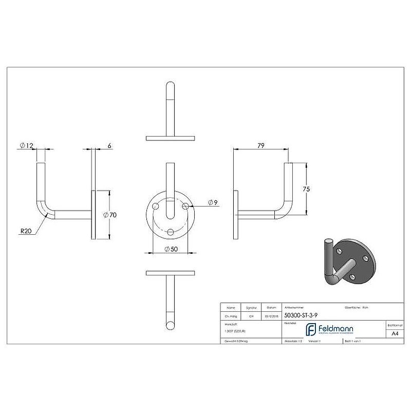 Handlaufträger mit Ronde flach, 70x6mm
