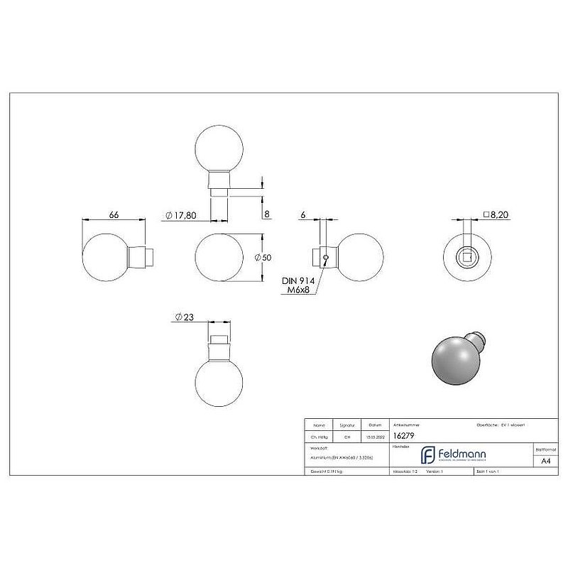 Poignée de porte boule fixe droite