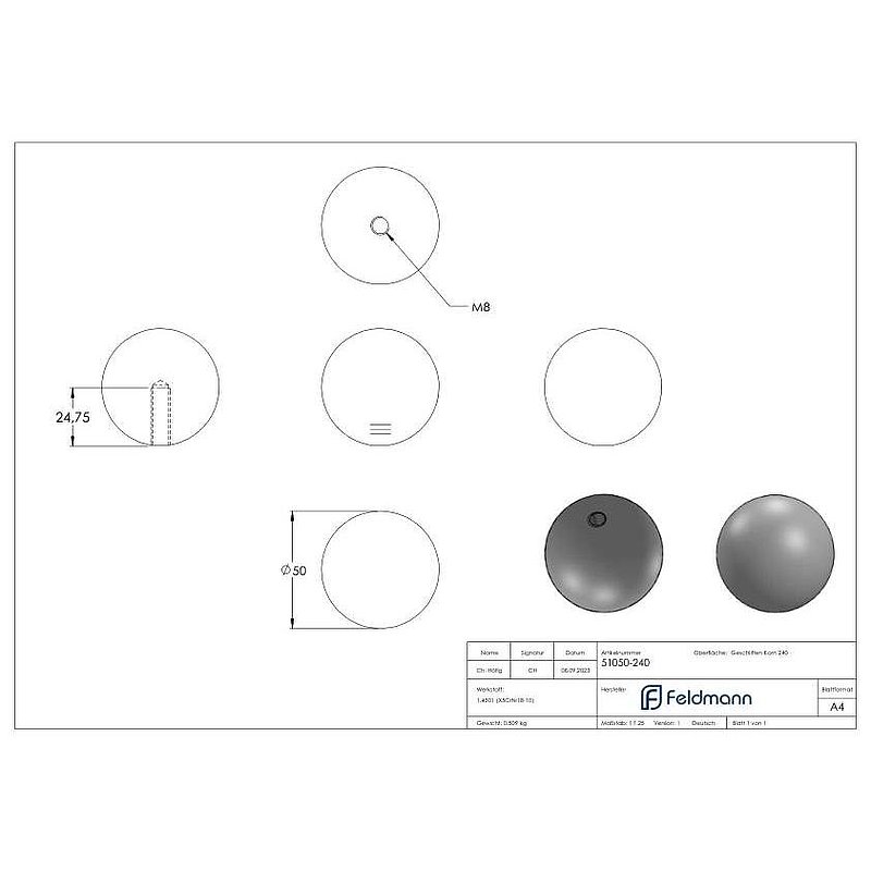 Boule pleine Ø 50mm avec taraudage M8, V2A