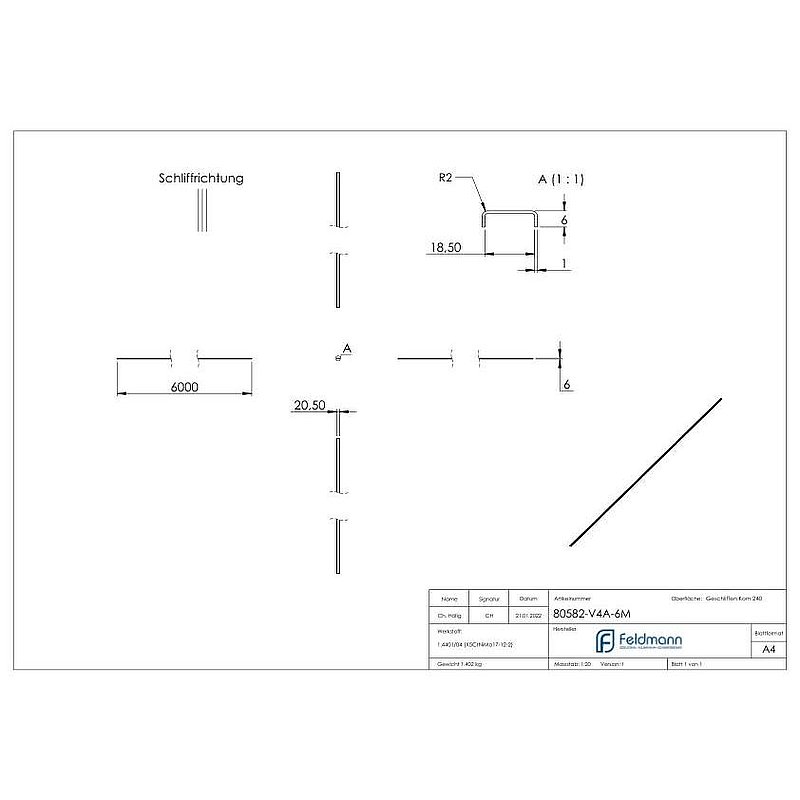 Kantenschutz EXTRA SLIM, für Glas 16,00 - 17,52mm, L: 6000mm, Edelstahl V4A