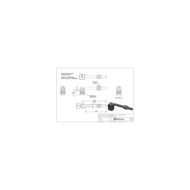 Bande de porte M16 d'une longueur de 180mm pour tube 40 x 40mm avec capuchons en polyamide