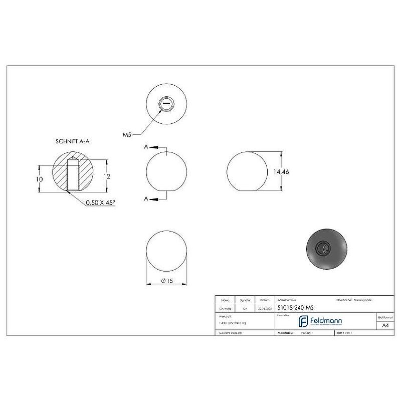 Messingkugel Ø 15mm mit M5