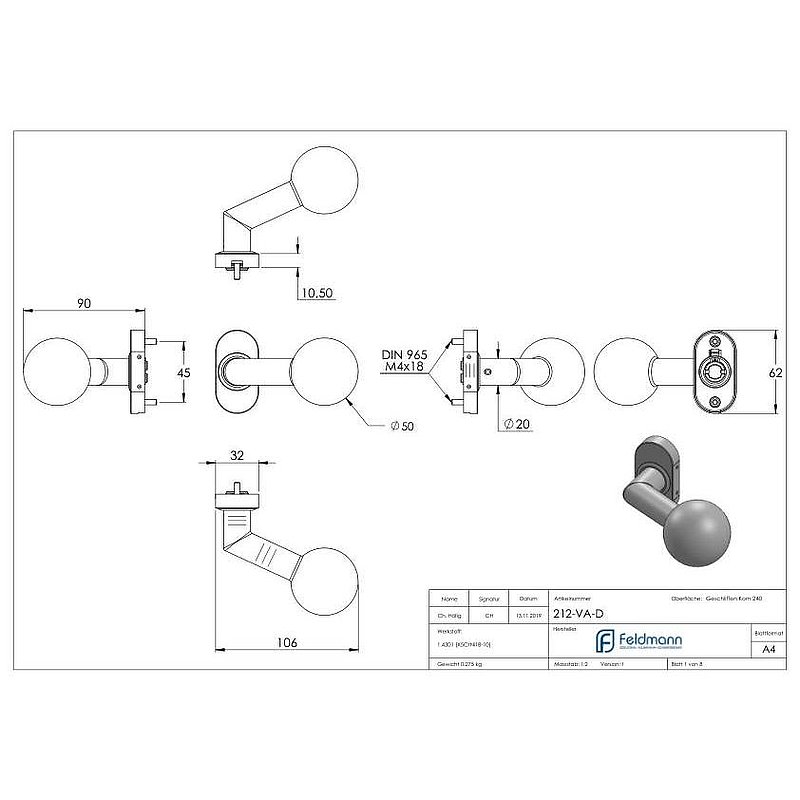 Bouton de porte, Ø 50mm, pivotant, V2A