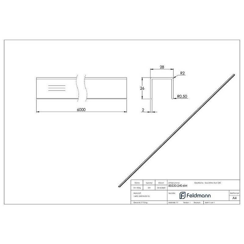 Edelstahl-U-Profil, 28x26x2mm, L: 6000mm, V2A
