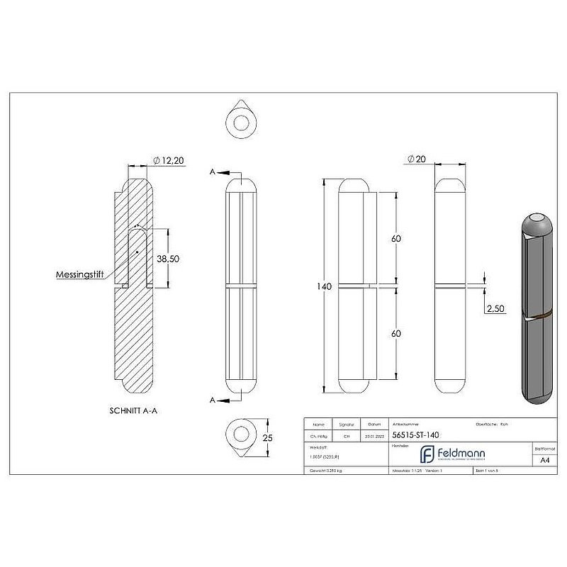 weld-on wire with brassring and pin, length 140mm