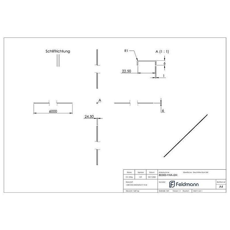 Kantenschutz EXTRA SLIM, für Glas 20,00 - 21,52mm, L: 6000mm, Edelstahl V4A
