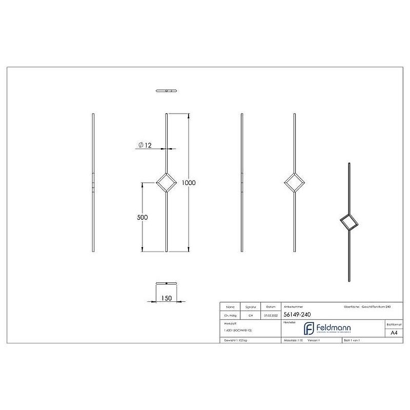 Zierstab aus Ø 12mm, mit Quadrat, H: 1000mm, V2A