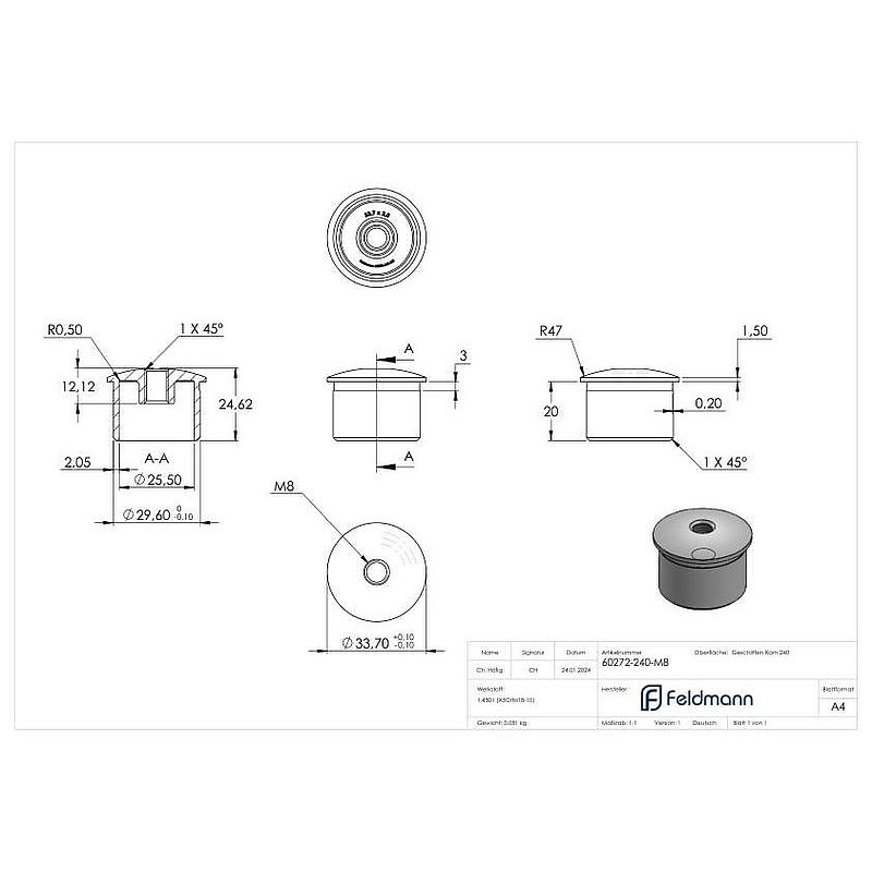 Rohrabschlussstopfen zum Kleben mit M8 für 33,7x2,0mm, V2A