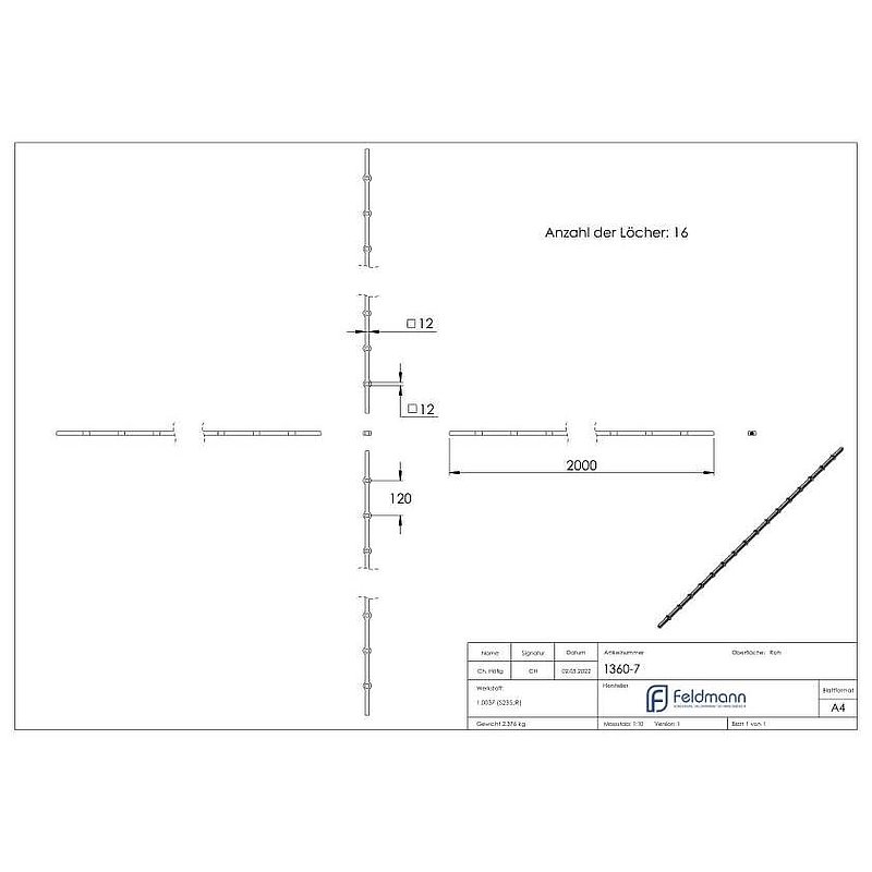Lochleiste S235JR, 12x12mm, Lochabstand 120mm, 2000mm