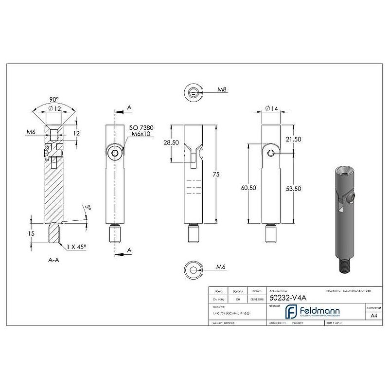 Gelenkstift Ø 14mm, L: 76mm, V4A
