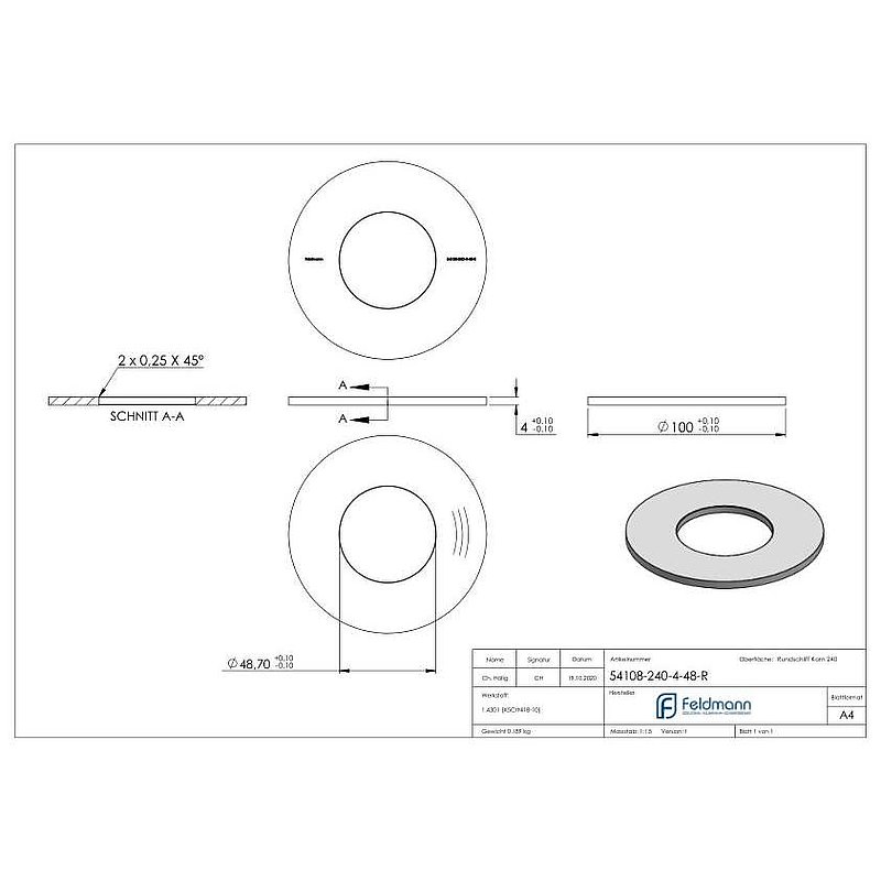 Ankerplatte Ø 100x4mm, mit Rundschliff, V2A