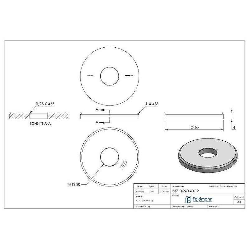 Ronde, Ø 40x4mm, mit Bohrung 12,2mm, V2A