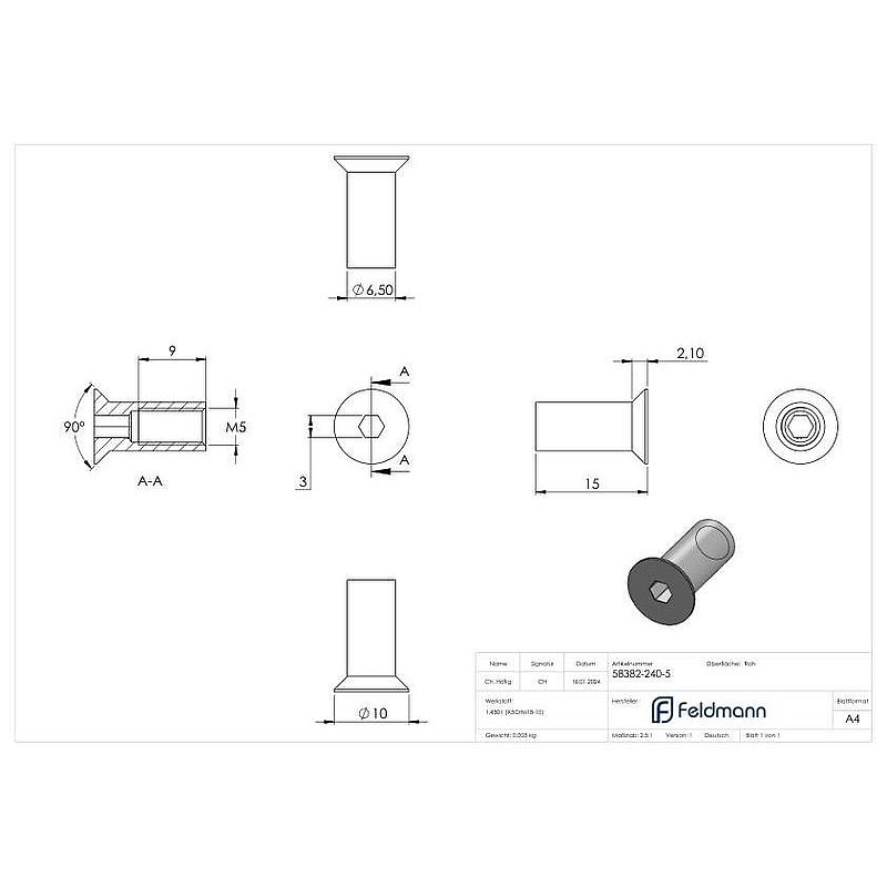 Écrou à douille à tête fraisée et 6 pans creux, M5x15, V2A