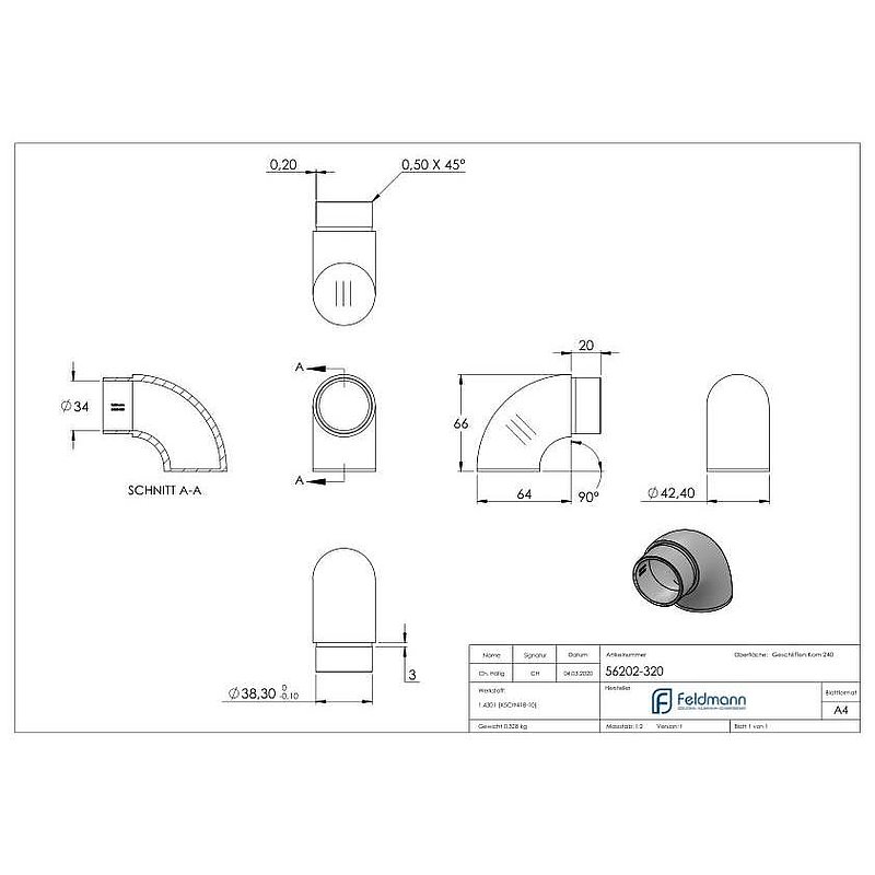Raccord d'extrémité coudé à 90° plat, pour tube Ø 42,4x2,0mm, V2A