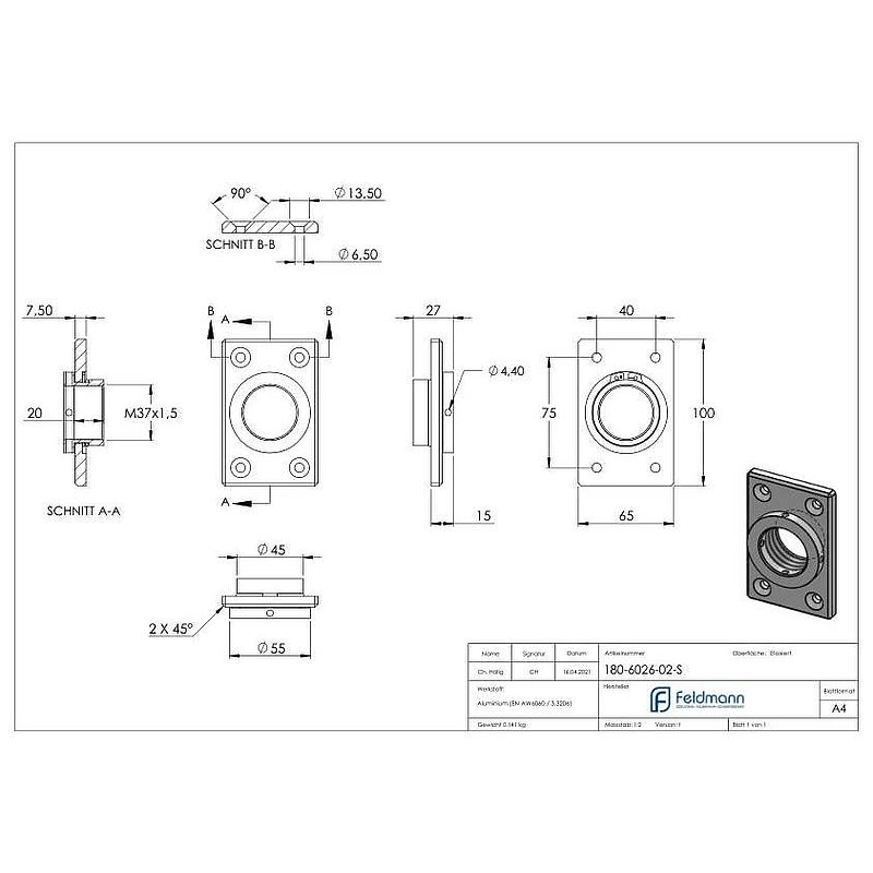 Plaque de montage rectangulaire 65x100mm