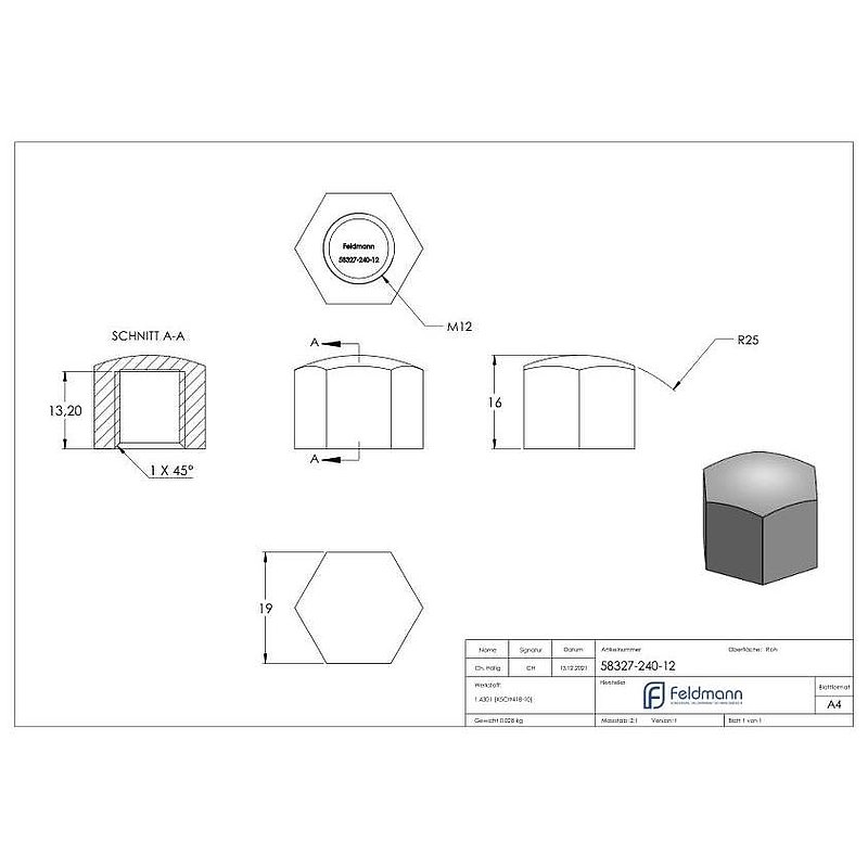 Écrou hexagonal borgne bas M12, DIN 917, V2A