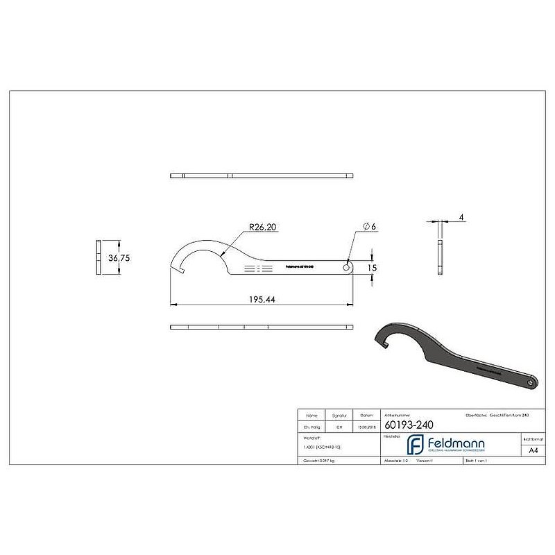 Gabelschlüssel für Punktglashalter 52mm, V2A