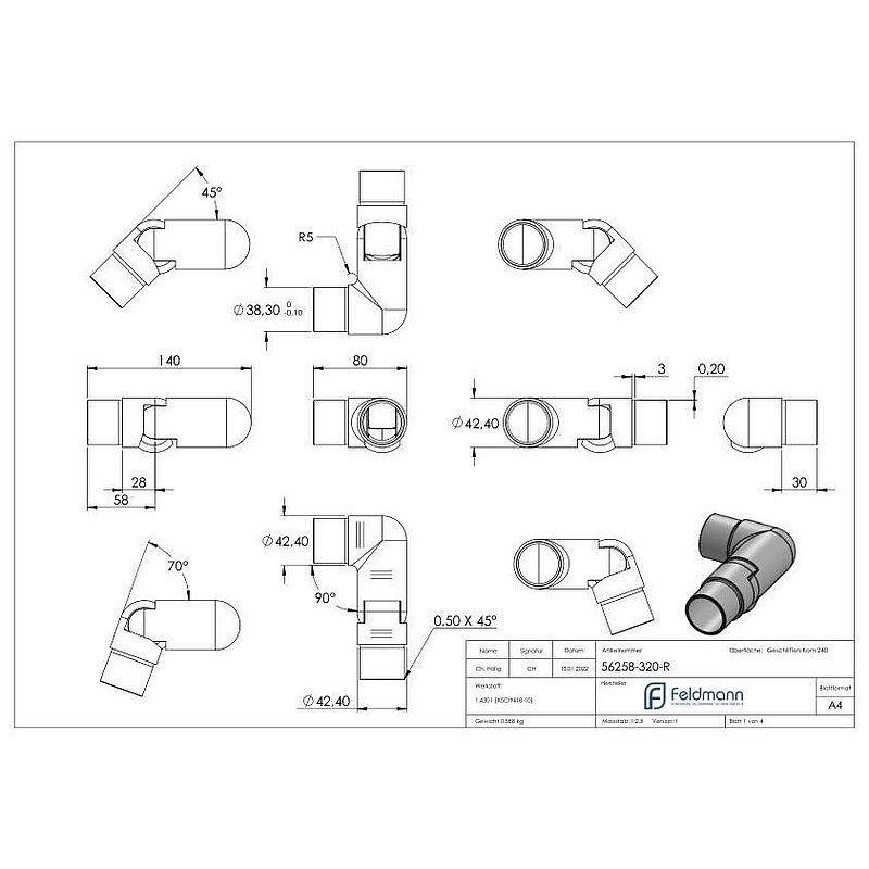 Hinge piece right, for tube 42.4x2.0mm, AISI304