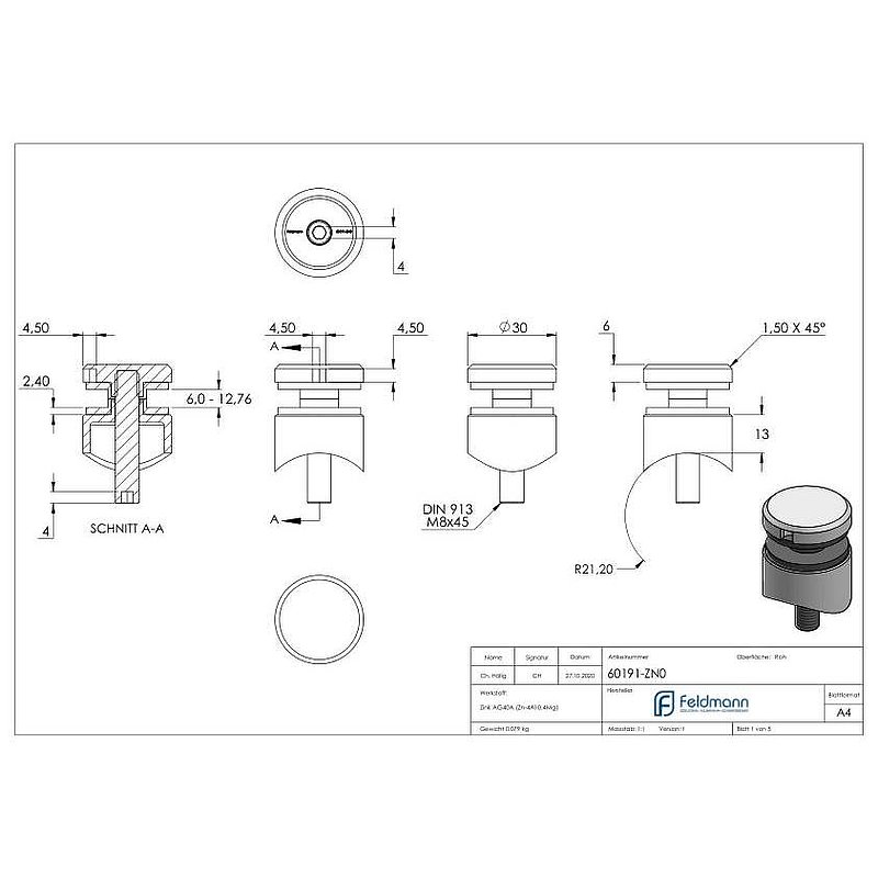 Glass point holder 30mm, connection: 42.4mm, raw zinc