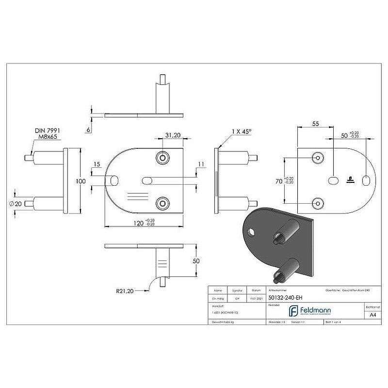 Endhalterung für Rohr 42,4mm, V2A