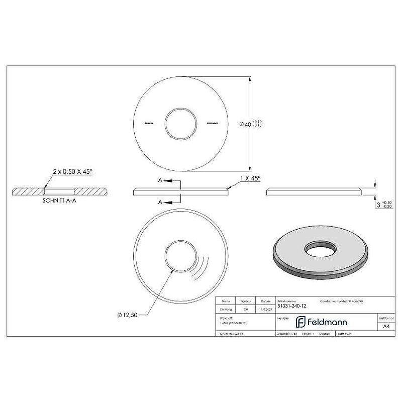 Beilagscheibe 40 x 3mm mit Fase, Bohrung 12,5mm