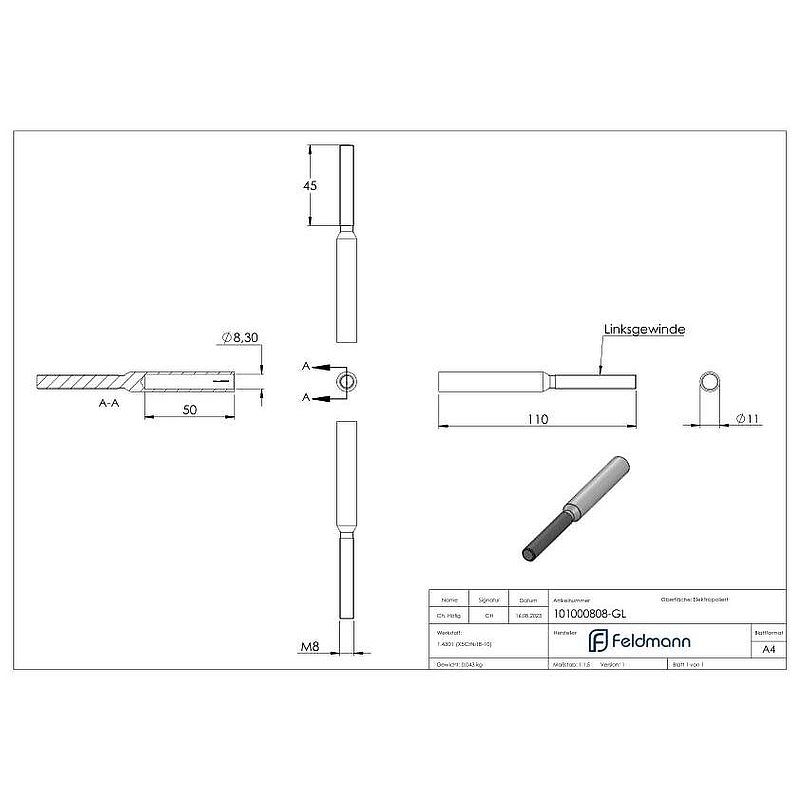 Threaded terminal for rope 8mm, AISI304
