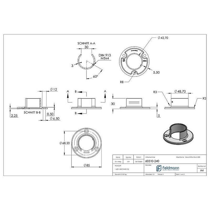 Embase murale pour tube à fond de gorge Ø 42,4mm, V2A