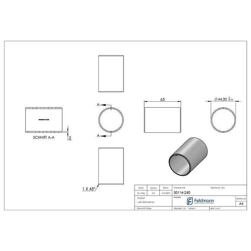 Verbindungsstück für Rohr 48,3x2,0mm, V2A