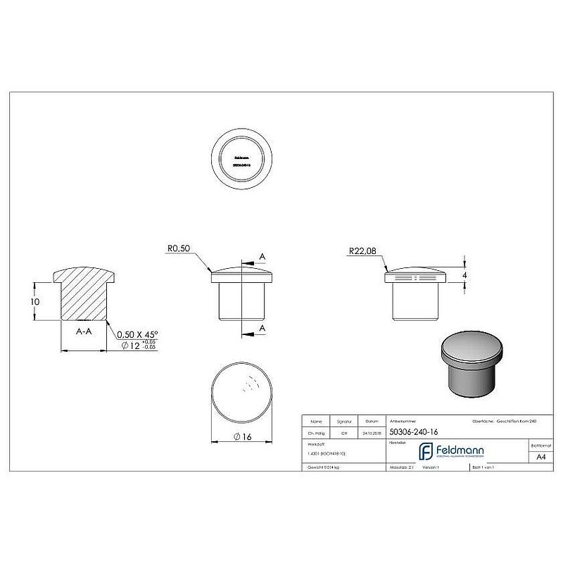 Bouchon pour extrémité de tube, pour tube 16,0x2,0mm, V2A