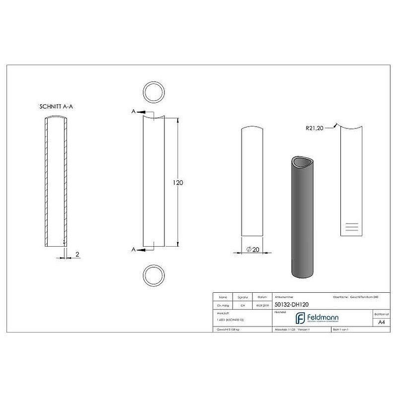 Spacer sleeve, L: 120mm, for 42.4mm, AISI304