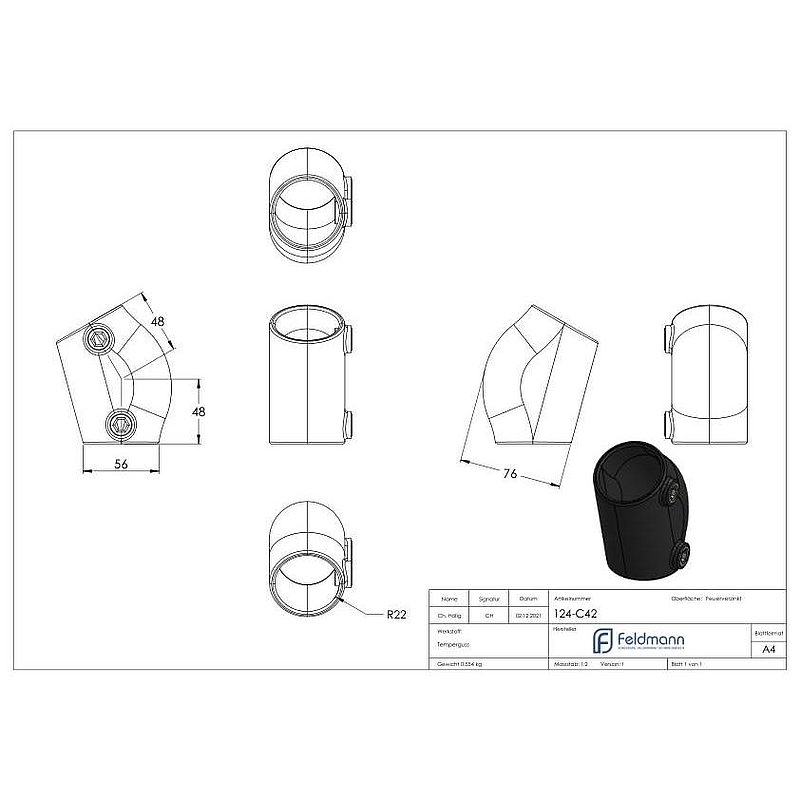 Bogen, variabel 15 - 60°, für Rohr Ø 42,4mm