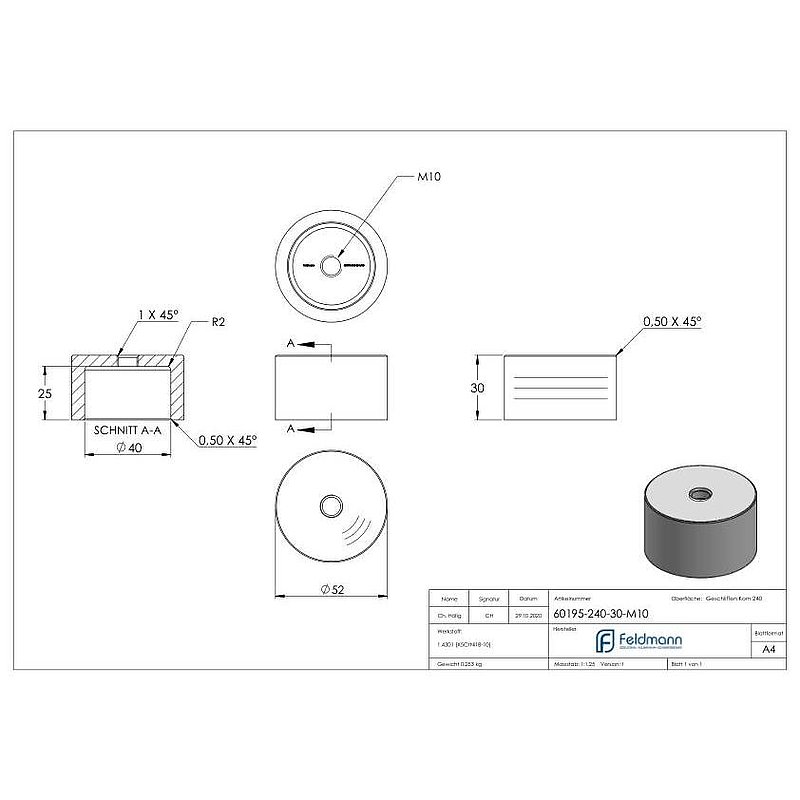 Lower part for 52mm glass point holder, D:30mm, with M10, AISI304