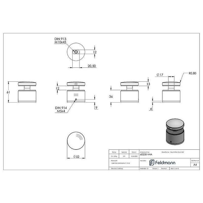 Point de fixation 52mm, plat, réglable, V4A
