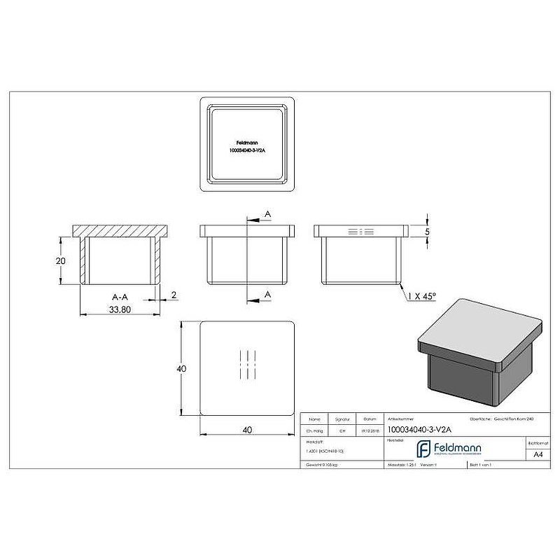 Push-in cap, for tube 40x40x3.0mm, AISI304