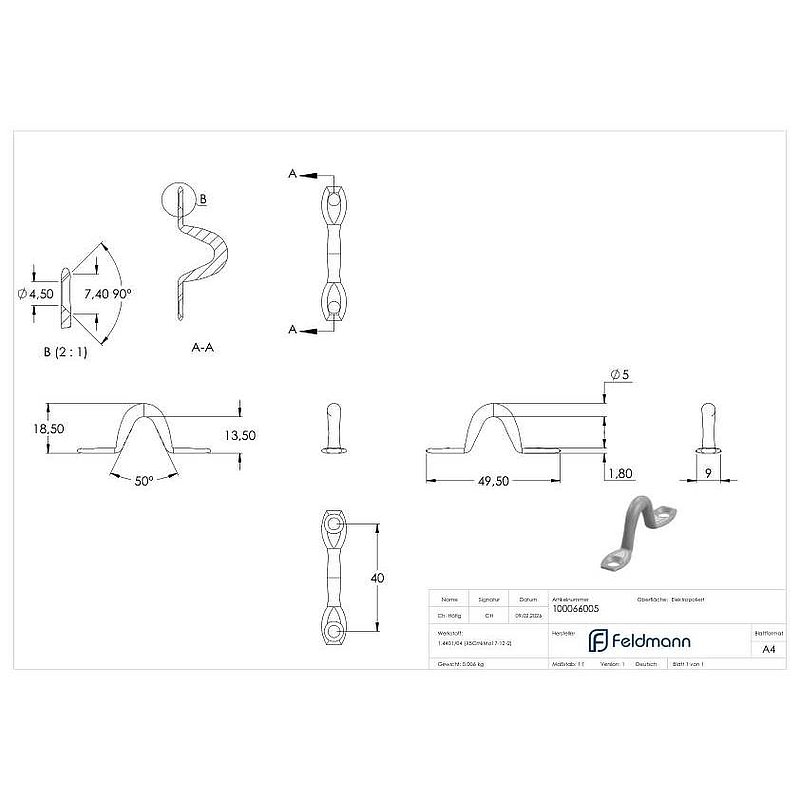 Oeillet de fixation sans plaque, fer rond : Ø 5mm, V4A