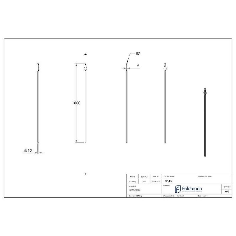 Zaunstab Ø 12mm, H: 1000mm, Spitze und Kugel