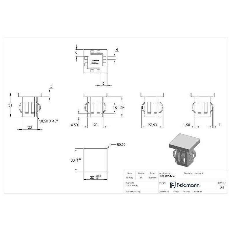 Steel end cap, for square tube 30x30mm, galvanised