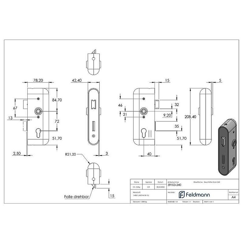 Stainless steel lock case with galvanised lock, 42.4x78.2x208.4mm