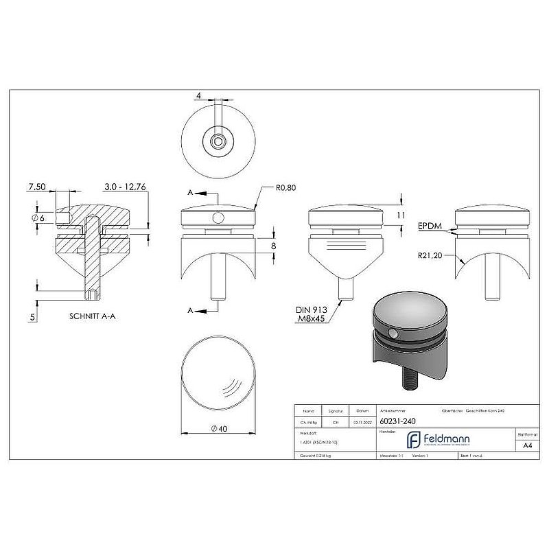Glaspunkthalter 40mm, Anschluss: 42,4mm, V2A