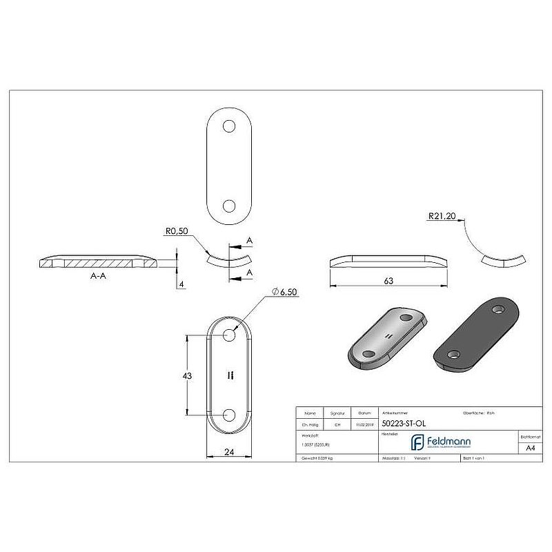 Handlaufanschlussplatte S235JR, Rohranschluss Ø 42,4mm