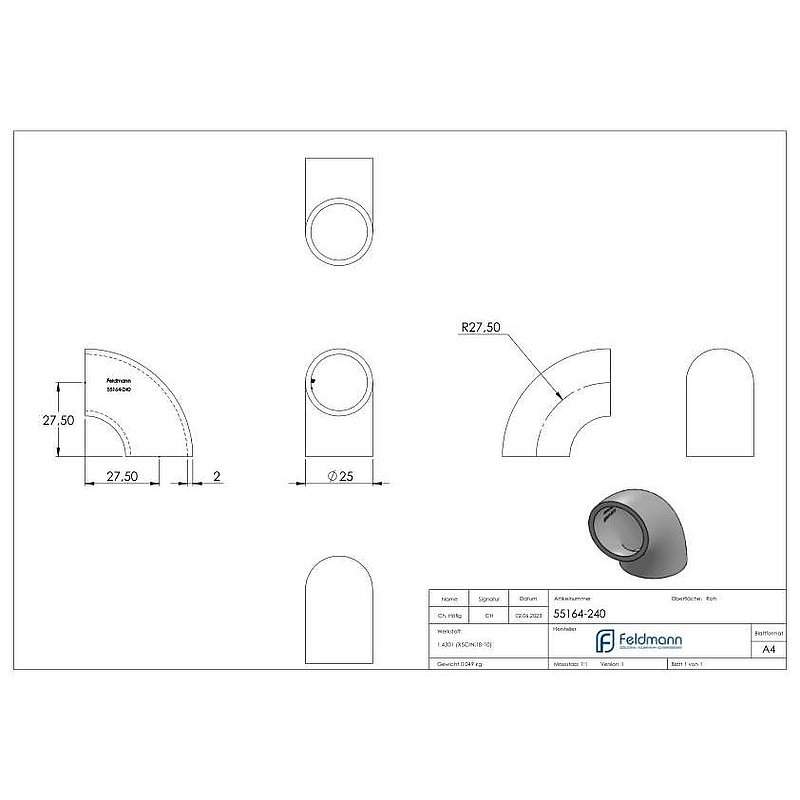 Schweißbogen 90°, 25,0 x 2,0mm, ungeschliffen, V2A