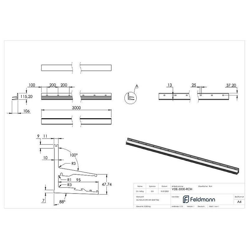 Profilé pour auvent en verre autoportant eleganza canopy, L: 3000mm, brut