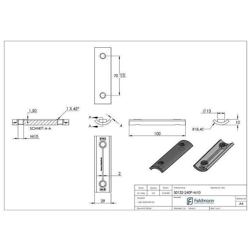 Reinforcement plate for wall mounting 50132-240-M10, AISI304